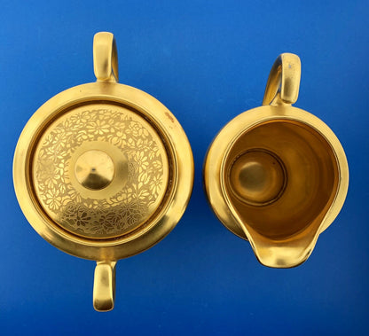 1930s Pickard China Gold Rose Daisy Pattern Creamer Sugar Bowl W/Lid 3 Piece Set