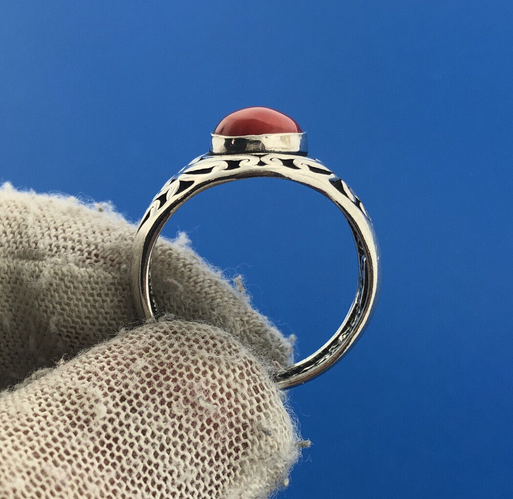 Designer MG Sterling Silver 925 Oval Coral Open Scroll Statement Cocktail Ring