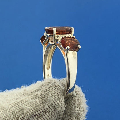 Designer Sterling Silver 925 Orange Citrine Quartz Oval Trio Cocktail Ring