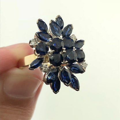 Estate 1982 14K Yellow Gold Sapphire Diamond Waterfall Cluster Statement Ring