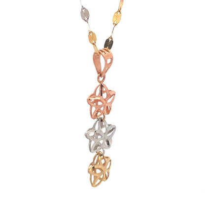 Retro Italy 14K White Yellow Rose Gold Three Star Diamond Cut Pendant Necklace