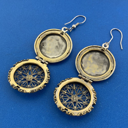 Vintage Silver Tone Balinese Filigree Perfume Photo Locket Drop Dangle Earrings
