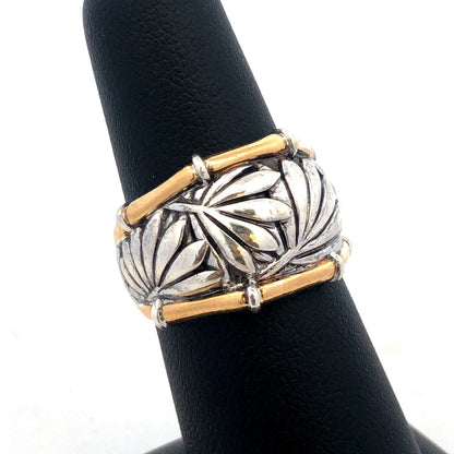 Designer P 925 Sterling Silver 22K Yellow Gold Palm Leaves Bamboo Wide Band Ring