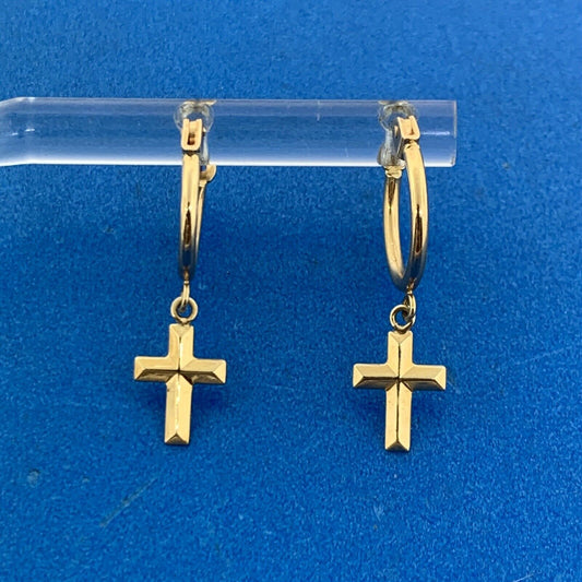 Designer 10K Yellow Gold Cross Dangle Huggy Hoop Earrings