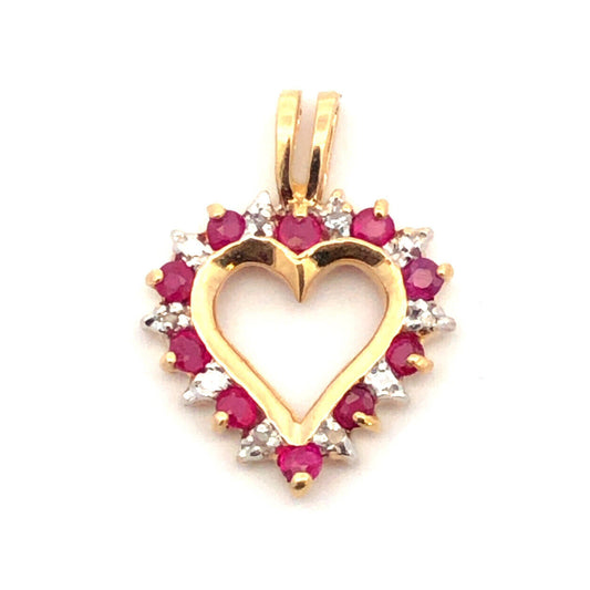 Designer CCC 10K Yellow Gold Round Ruby Diamond Cutout Love Heart Petite Pendant