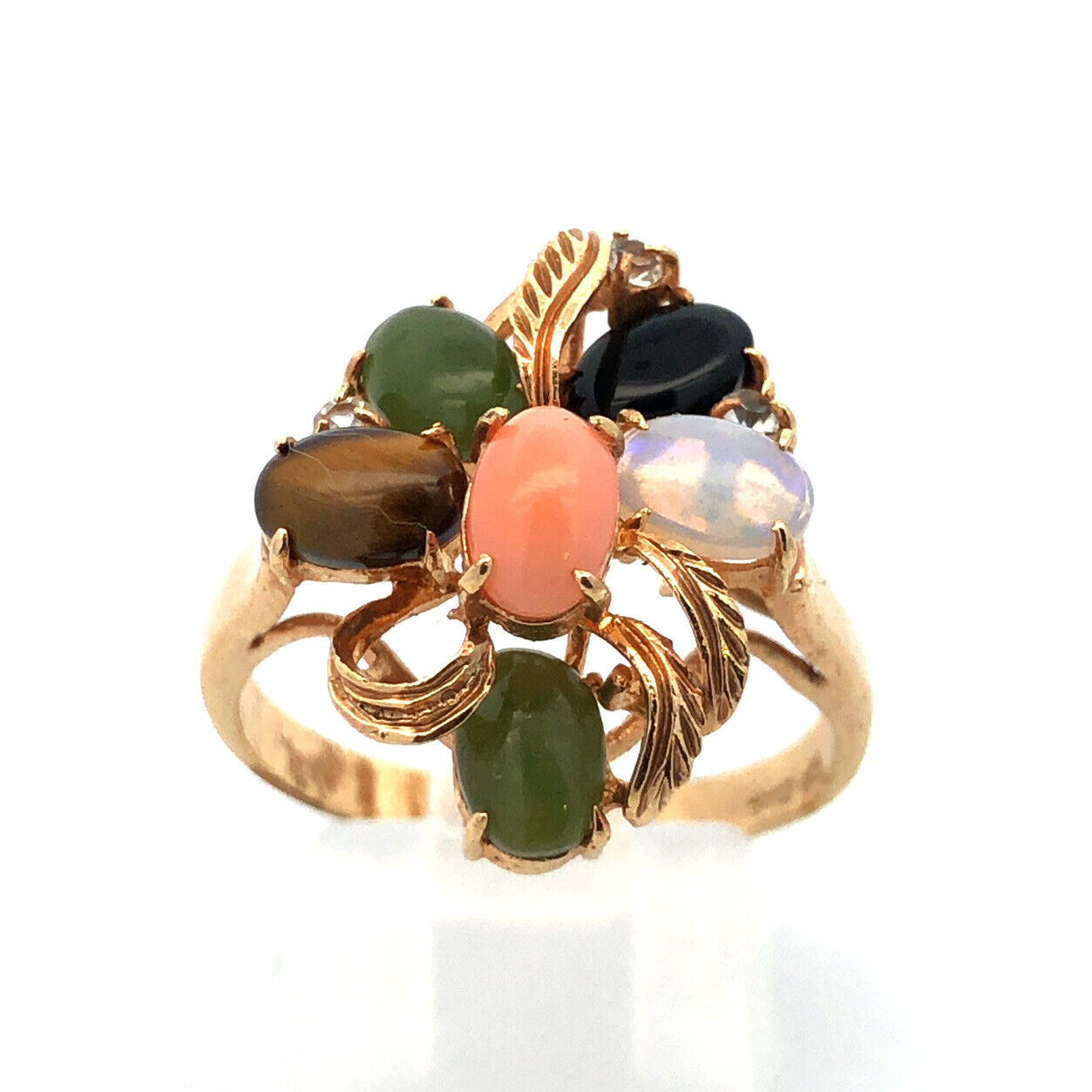 Vintage 18K Yellow HGE Multi Gemstone Floral Cluster Statement Cocktail Ring