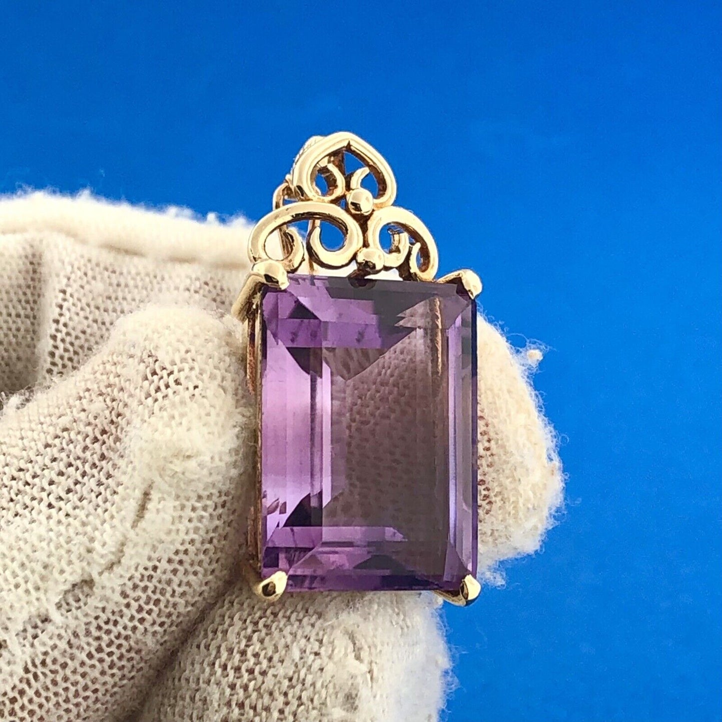 Estate 14K Yellow Gold Rectangular Cut Amethyst Statement Enhancer Pendant
