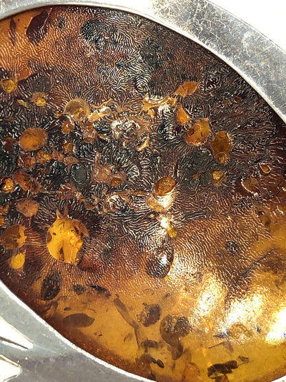 Vintage 925 Sterling Silver Oval Amber Open Scroll Statement Pendant