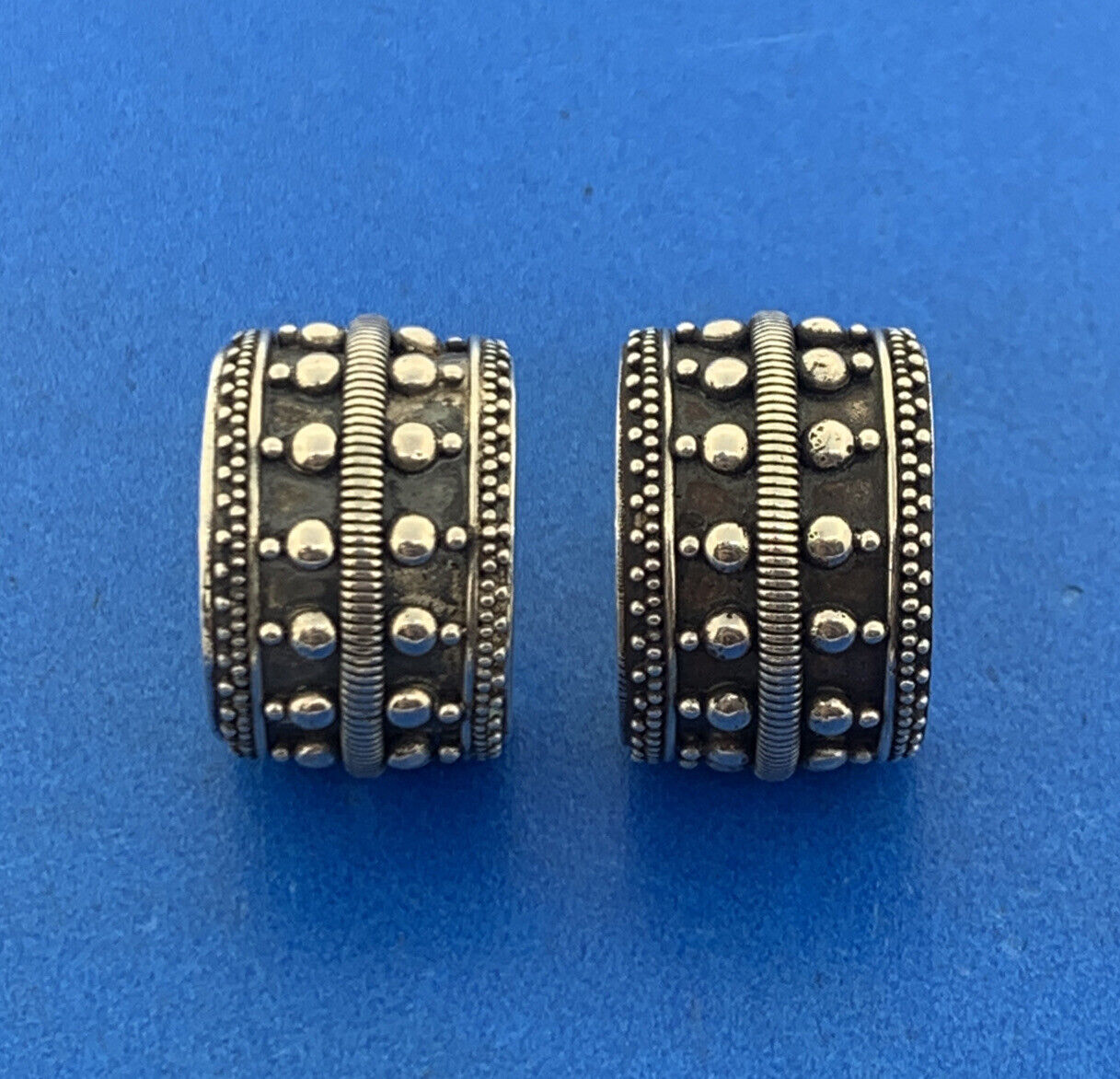 Vintage Sterling Silver 925 Cable Beaded 3D Wide Half Hoop Statement Earrings