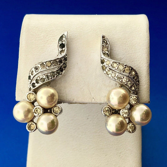 Polcini Signed Silver Tone Rhinestone Faux Pearl Modernist Bouquet Clip Earrings