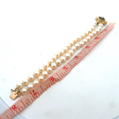 Estate 14K Yellow Gold Sapphire Diamond Pearl Double Strand Beaded Bracelet
