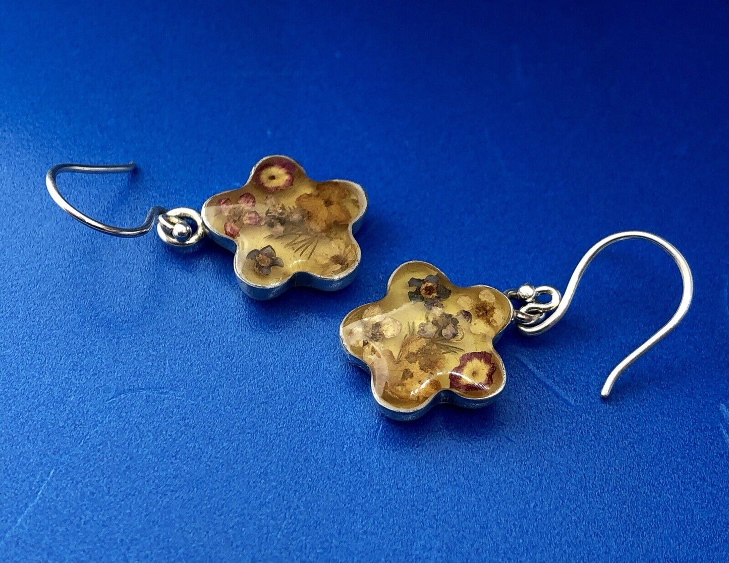 Designer ATI Mexico Sterling Silver 925 Amber Fossil Floral Drop Earrings