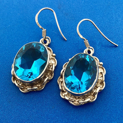 Vintage Sterling Silver Ocean Blue Cubic Zirconia Oval Scroll Statement Earrings