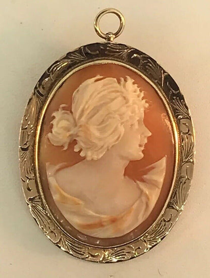 Victorian 10K Yellow Gold Oval Carved Cameo Floral Scroll Brooch Pendant