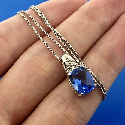 925 Sterling Silver Blue Cubic Zirconium with Diamond Accent Pendant Necklace