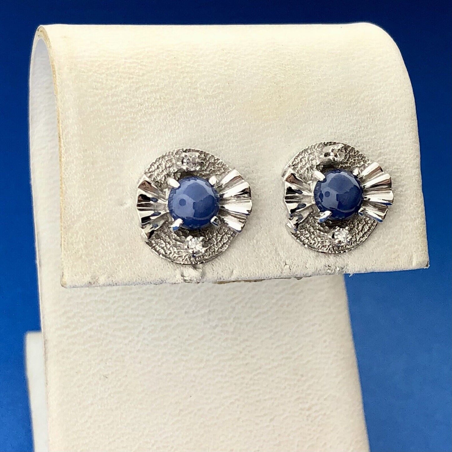 Mid Century 14K White Gold Blue Star Sapphire Diamond Textured Stud Earrings