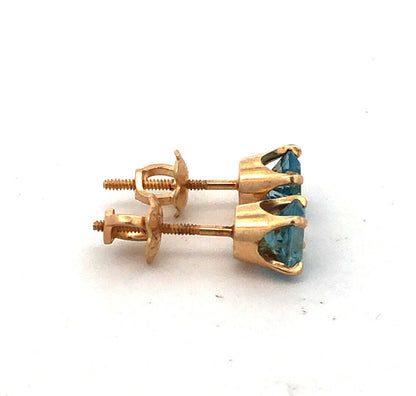 14K Yellow Gold Round Blue Topaz Solitaire December Occasion Screw Back Earrings
