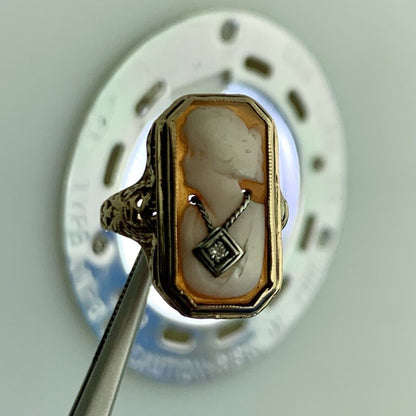 Vintage Designer 10K Yellow Gold Diamond Rectangle Cameo Filigree Statement Ring