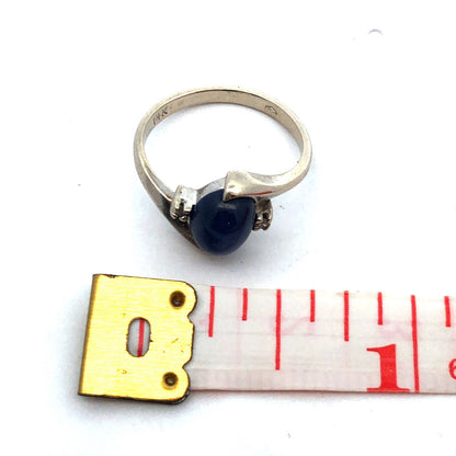 Designer 14K White Gold Oval Blue Star Sapphire Diamond Accent Bypass Ring