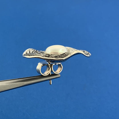 Designer HG Israel Sterling Silver 925 White Pearl Abstract Circle Stud Earrings