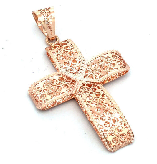 Designer QG Italy 14K Rose Gold Textured Open Work Cross Pendant