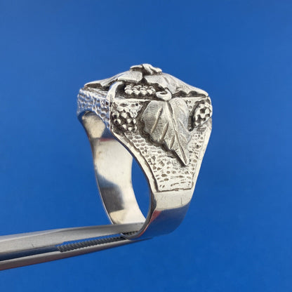Retro Designer 925 Sterling Silver Grapevine Mens Statement Rectangle Dome Ring
