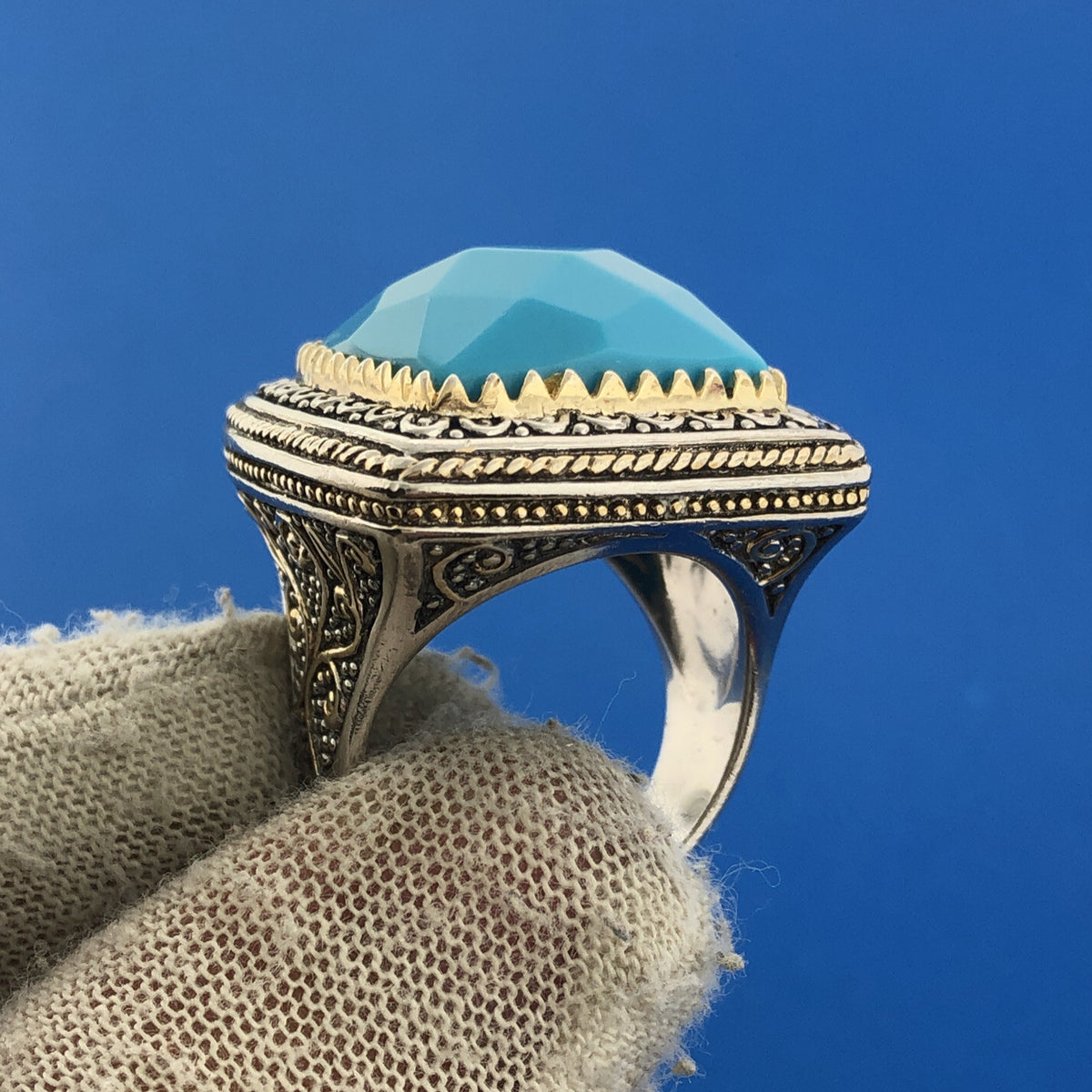 Designer PK Sterling Silver Two Toned Faux Turquoise Scroll Statement Dome Ring