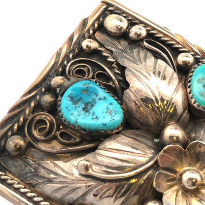 Native American Jameson Lee 925 Sterling Silver Turquoise Floral Belt Buckle