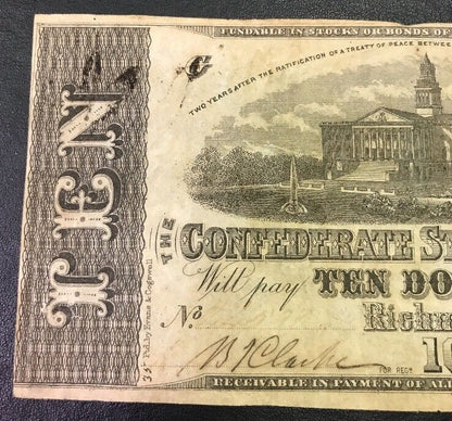 1863 $10 Ten Confederate States of America April 6 Richmond Civil War Era Note