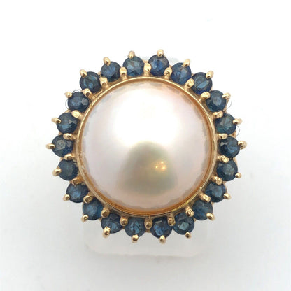 Vintage Designer 14K Yellow Gold Mabe Pearl Sapphire Halo Statement Cocktail Rin