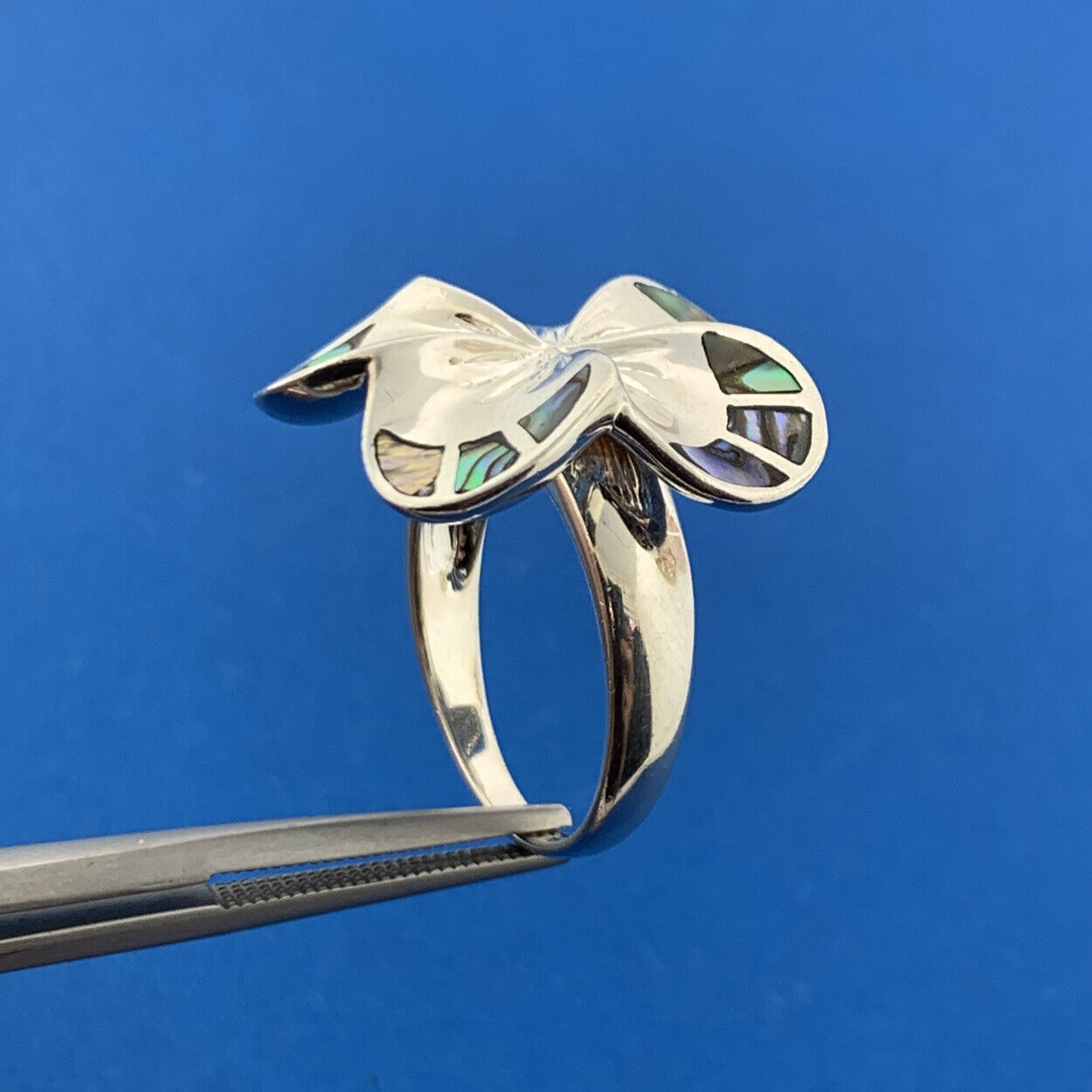 Designer 925 Sterling Silver Abalone Inlay Modernist Flower Statement Ring