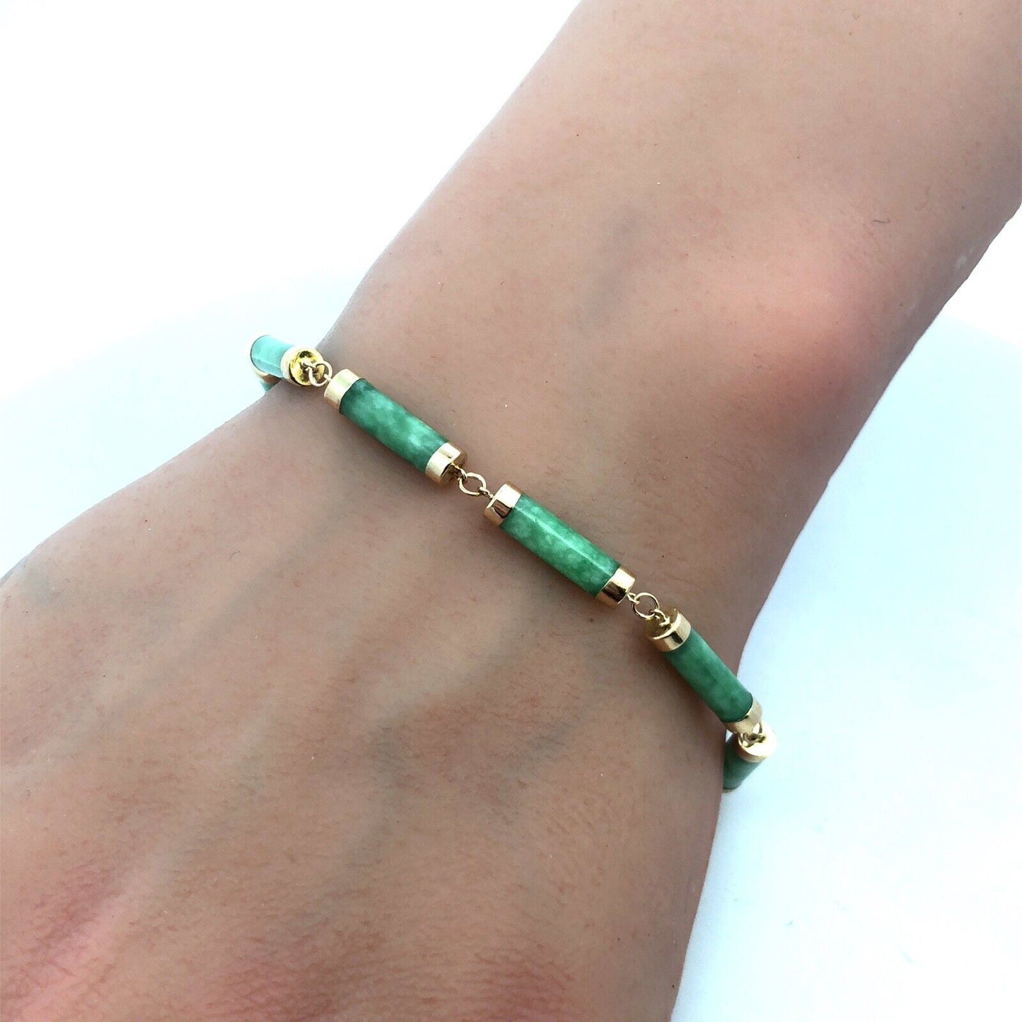 Estate 14K Yellow Gold Green Jade Bar Link Station Bracelet