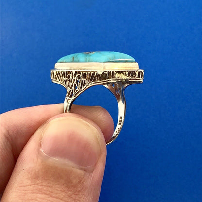 Art Deco Designer G & Co 14K White Gold Turquoise Filigree Statement Dinner Ring