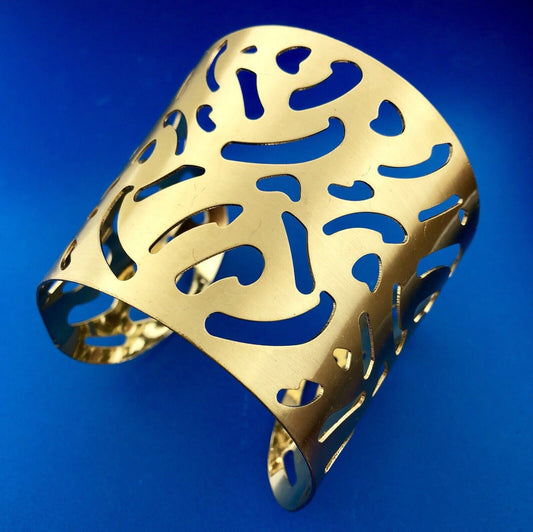 Modernist Gold Tone Brushed Finish Animal Print Cutout Statement Cuff Bracelet