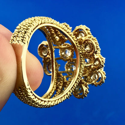 Stunning 18K Yellow Gold Diamond Floral Cluster Empire Setting Statement Ring
