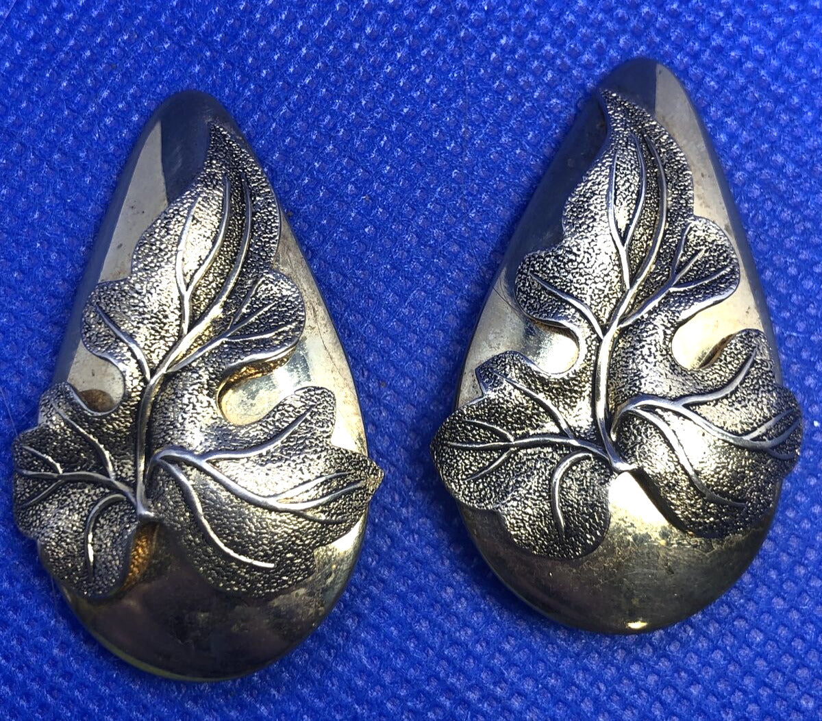 Estate Whiting & Davis Gold Tone Polished 3D Leaf Statement Clip On Earrings