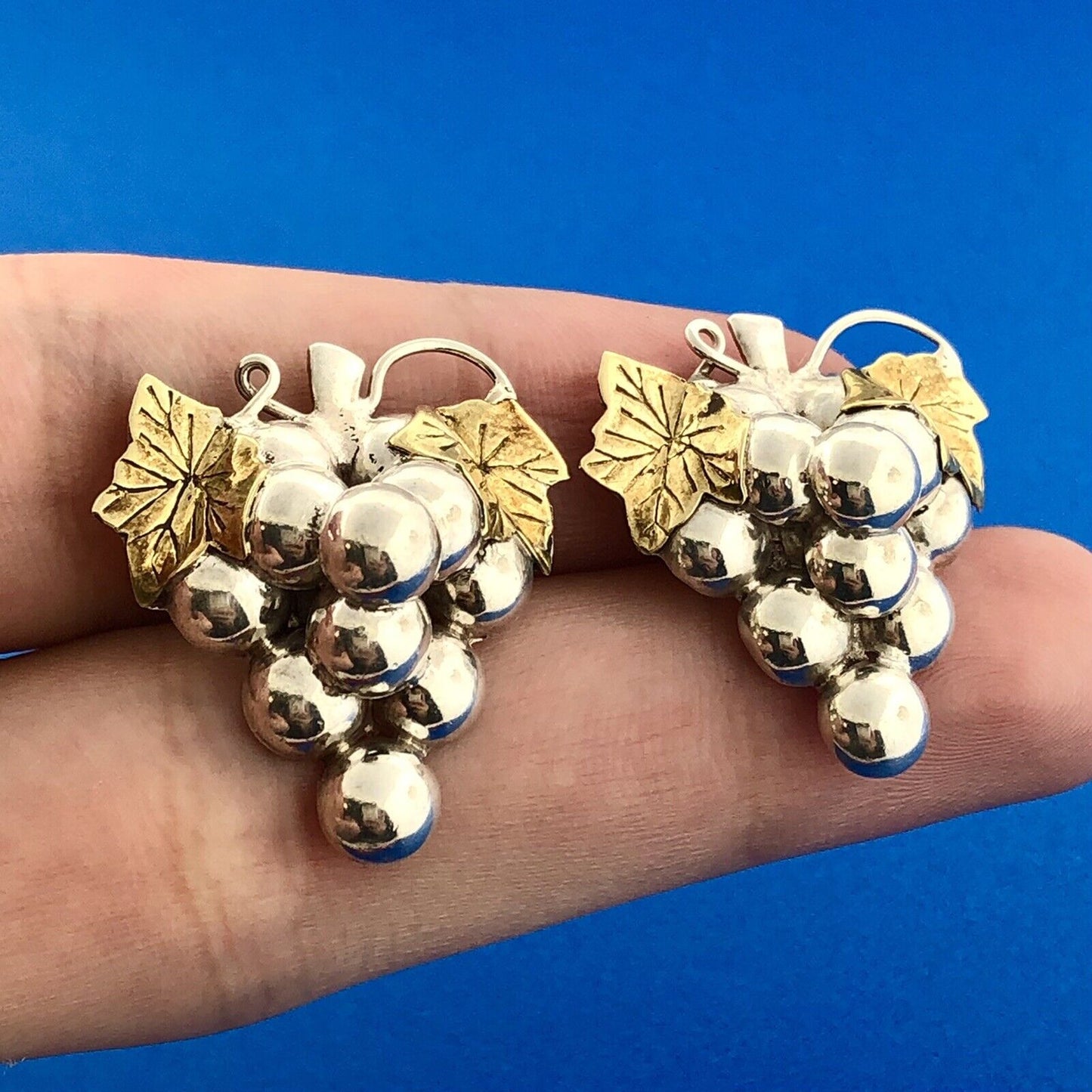 Vintage Brass Sterling Silver Grape Cluster Leaf Vine Statement Stud Earrings