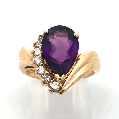 Gorgeous Modern 14k Yellow Gold Pear Cut Amethyst Diamond Accent Ring Size 5.75