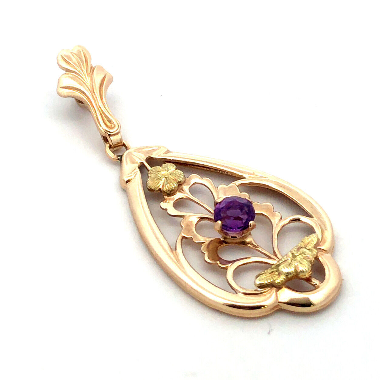 Designer Memco 10K Yellow Gold Round Amethyst Floral Floral Oval Pendant