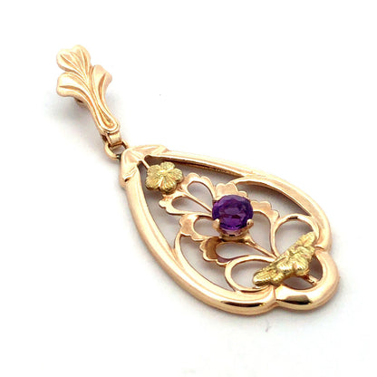 Designer Memco 10K Yellow Gold Round Amethyst Floral Floral Oval Pendant