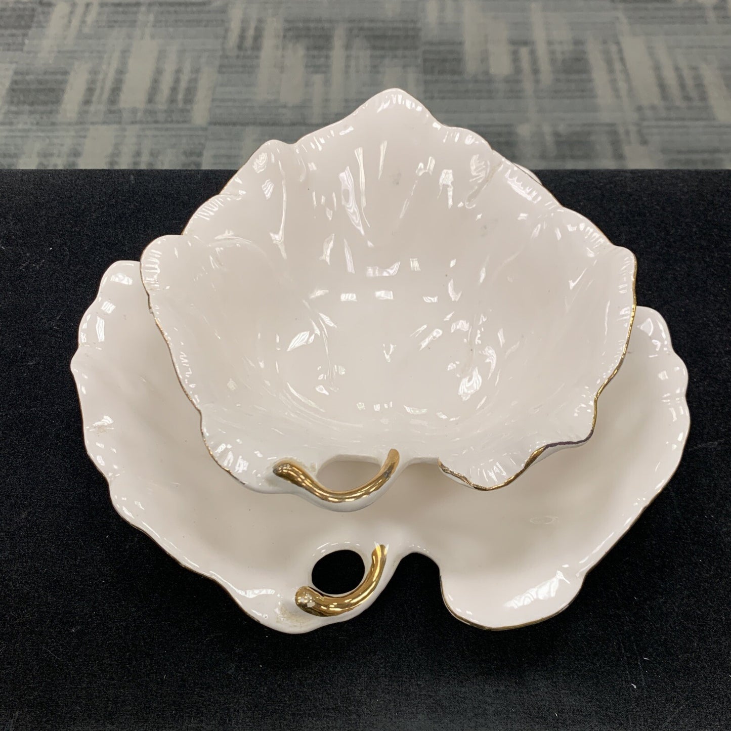 WCL China Set Of Two White Gold Rimmed Leaf Dip Candy Plate Bowl Dish