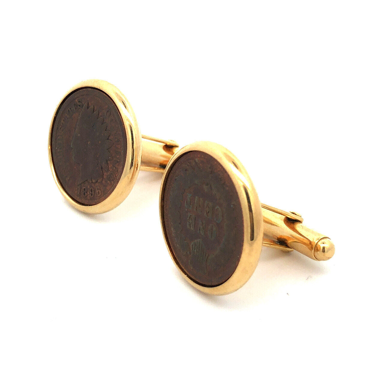 Retro Gold Tone Genuine Indian Head One Cent Penny Men's Round Tuxedo Cuff Links