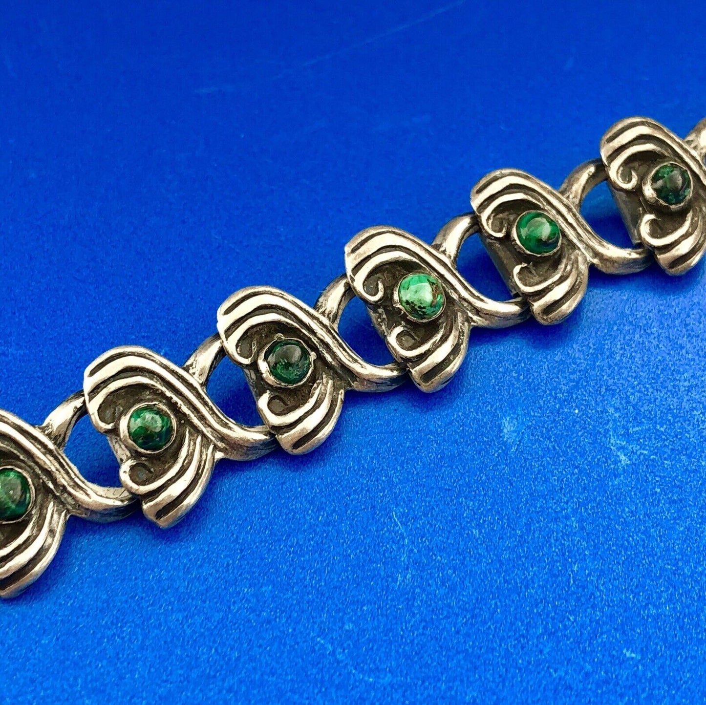 Mid Century Taxco Mexico 925 Sterling Silver Malachite Scroll Panel Necklace