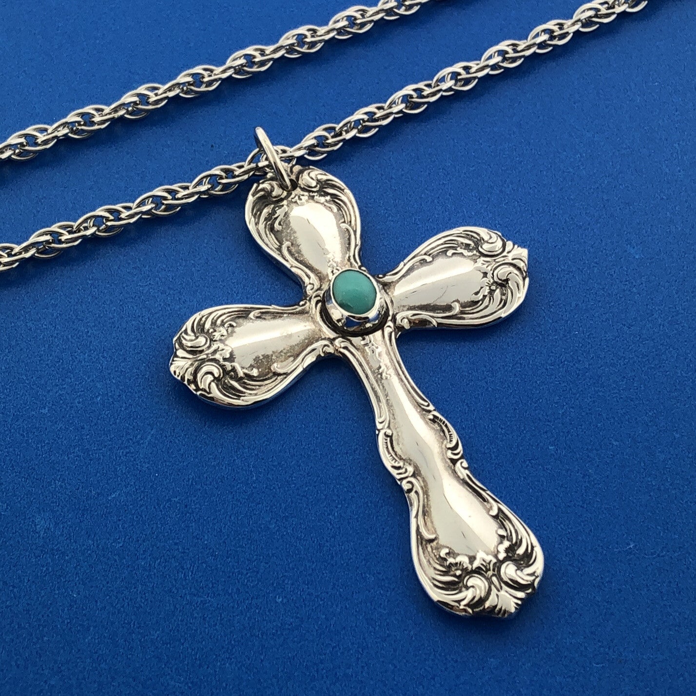 Vintage 925 Towle Old Master Turquoise Cross Religious Easter Statement Necklace