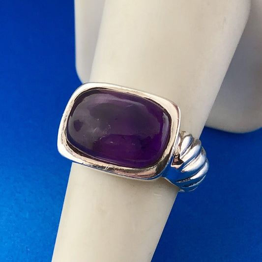 Retro 925 Sterling Silver Amethyst Cabochon Rectangle Cable Band Statement Ring
