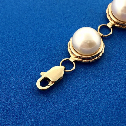 Vintage Elegant 14K Yellow Gold Pearl June Wedding Panel Link Bracelet