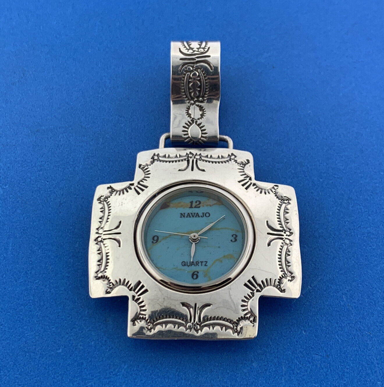 Old Pawn Navajo Uncle Sam W. 925 Sterling Silver Concho Cross Pendant Watch