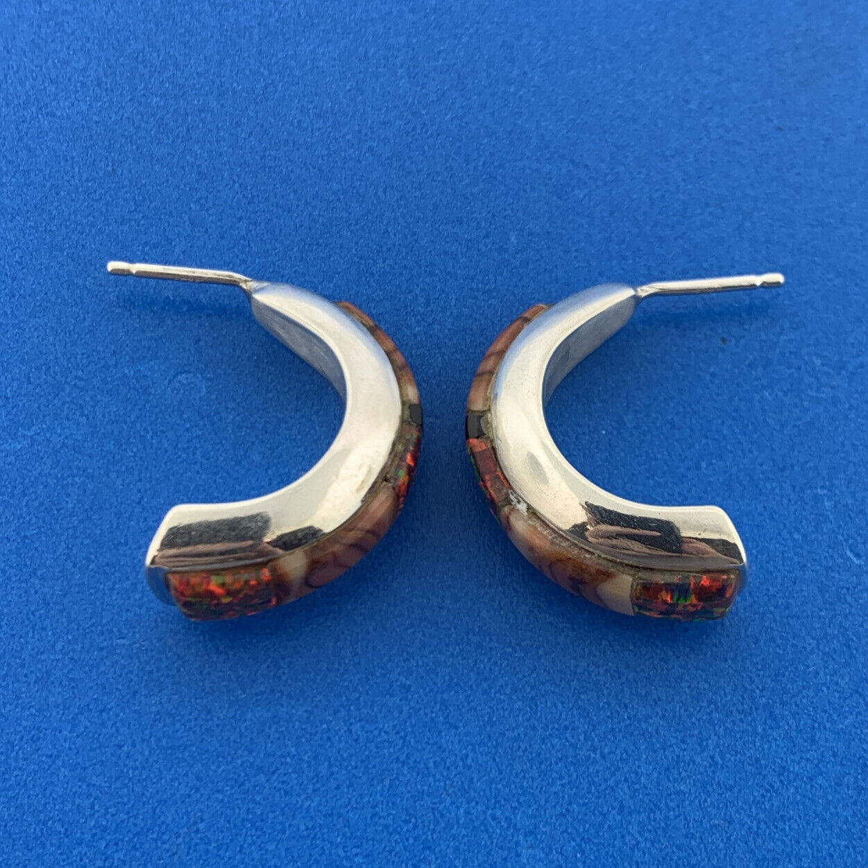 Native American 925 Sterling Silver Banded Agate Opal Inlay Half Hoop Earrings
