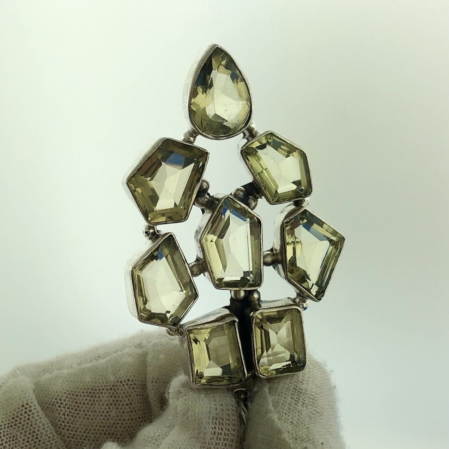 Retro Modernist 925 Sterling Silver Green Amethyst Multi Panel Chunky Pendant