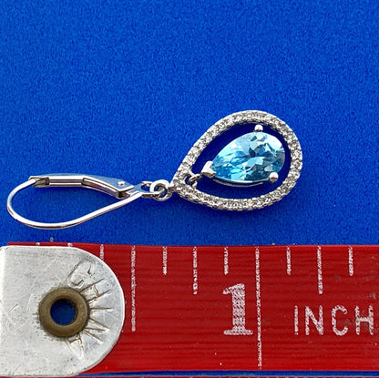 14k White Gold Pear Blue Topaz with Pave Diamond Halo Drop Dangle Earrings